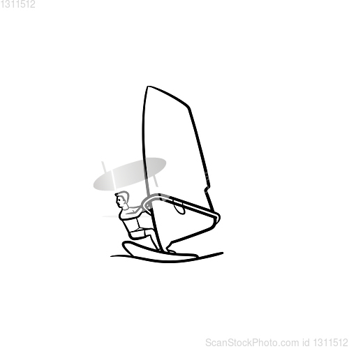 Image of Windsurfing man hand drawn outline doodle icon.