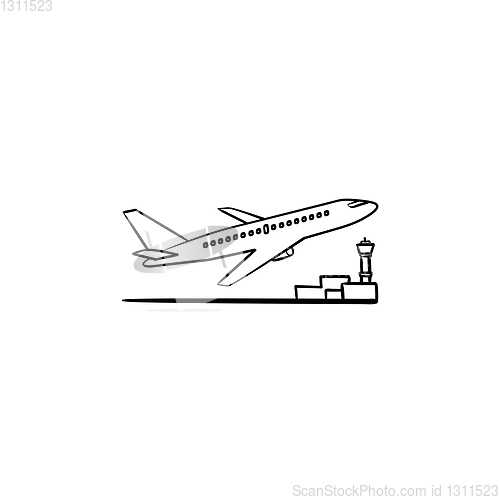 Image of Airplane taking off hand drawn outline doodle icon.