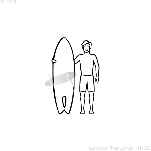 Image of Surfer standing with surfboard hand drawn outline doodle icon.