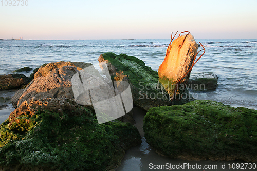 Image of Ruins, Beach at sundown, Caesarea, Israel