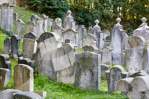 Image of Jewish cemetery with stone gravestones in Turnov