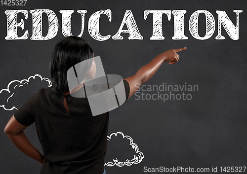 Image of Half-length close up portrait of young woman, education