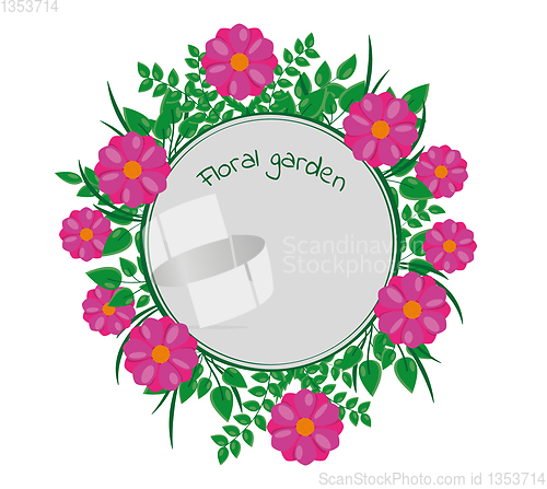 Image of round label decorated by leaves and flowers