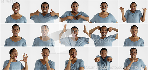 Image of Half-length close up portrait of young man on white background. Creative collage