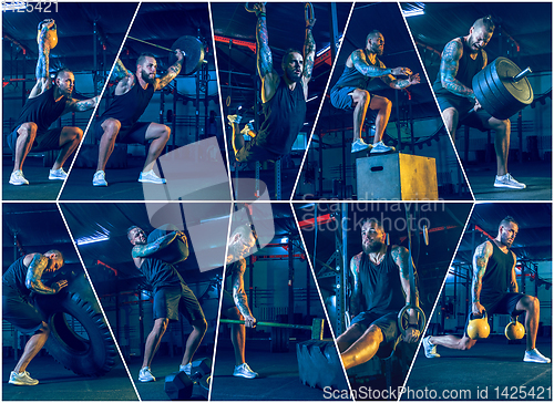 Image of Young healthy man athlete doing exercise in the gym. Sport collage