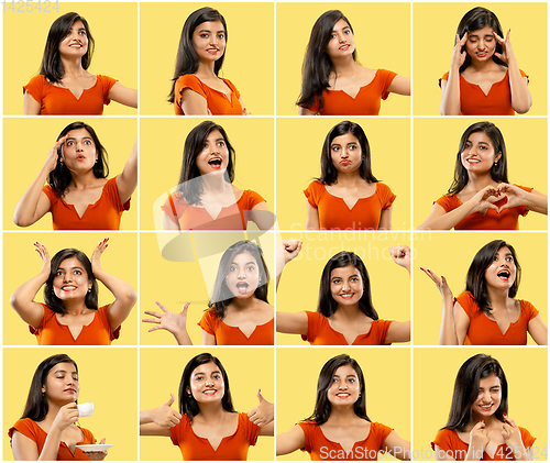 Image of Portrait of beautiful woman isolated on yellow studio background. Collage