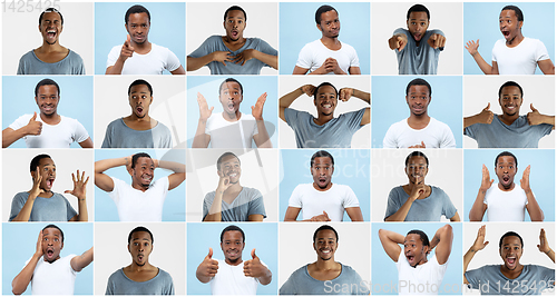 Image of Half-length close up portrait of young man on white background. Creative collage