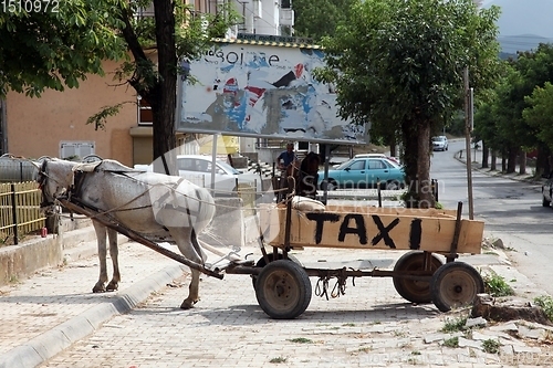 Image of Rural traditional horse taxi buggy in Debar, Macedonia