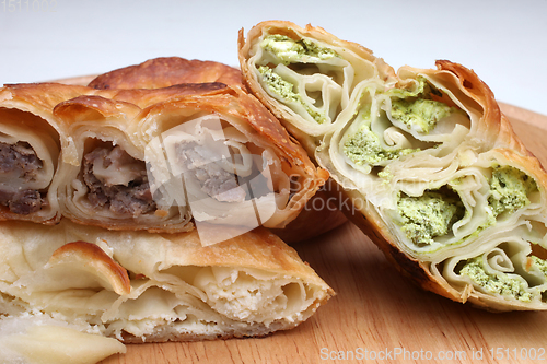 Image of Burek (pie with meat, cheese or spinach) is traditional Balkan meal