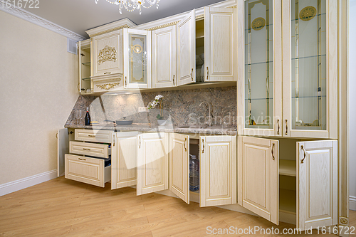 Image of Simple and luxury modern neoclassic beige kitchen interior