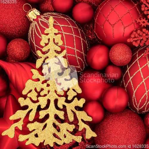 Image of Abstract Gold Christmas Tree and Red Bauble Background 