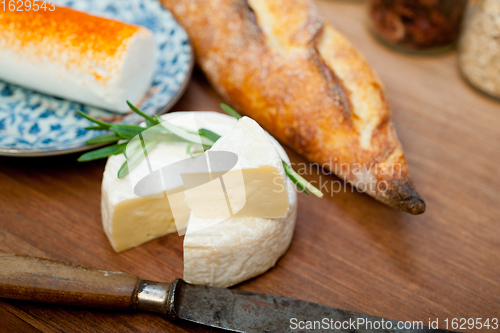Image of French cheese and fresh  baguette on a wood cutter