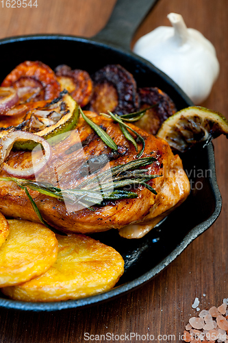 Image of roasted grilled BBQ chicken breast with herbs and spices 