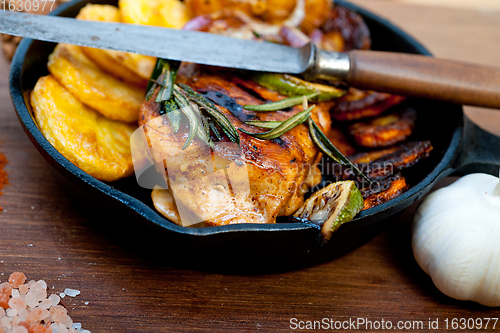 Image of roasted grilled BBQ chicken breast with herbs and spices 