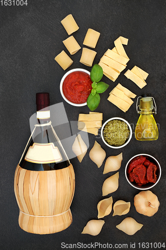 Image of Classic Italian Cuisine Ingredients and Red Wine