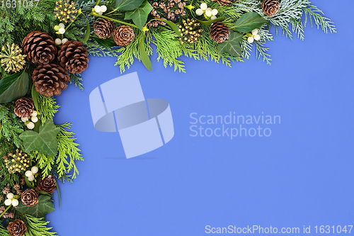 Image of Winter Greenery Background Border on Blue