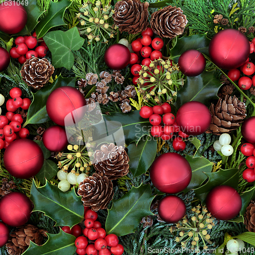 Image of Decorative Christmas Background with Baubles & Winter Greenery