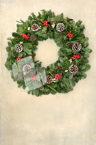 Image of Festive Christmas Wreath with Winter Greenery