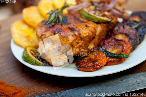 Image of roasted grilled BBQ chicken breast with herbs and spices 