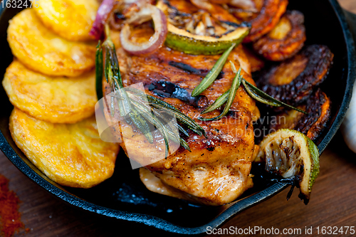 Image of roasted grilled BBQ chicken breast with herbs and spices 