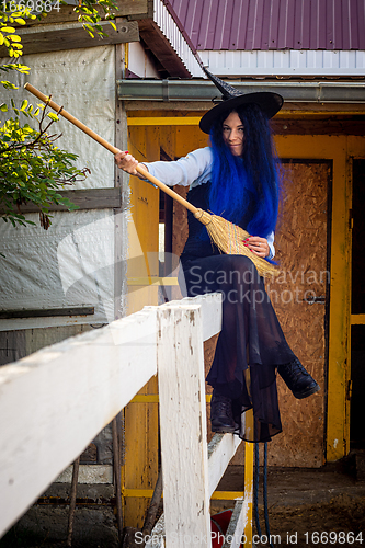 Image of A funny witch with a broom sits behind a fence on a farm