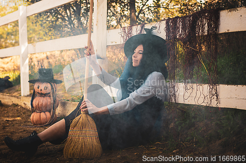 Image of The witch sits by the fence on the farm and blows the smoke with a broom
