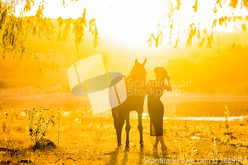 Image of Girl with a horse on a walk at sunset