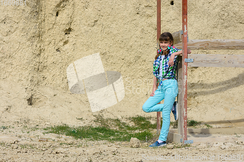 Image of Stylish cute girl in a plaid shirt and jeans leans on a wooden structure against a background of a rock