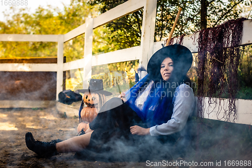 Image of The witch at the fence sits haughtily on Halloween eve