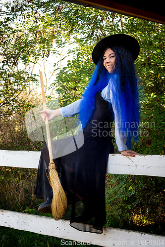 Image of Halloween witch sitting on a fence with a broom