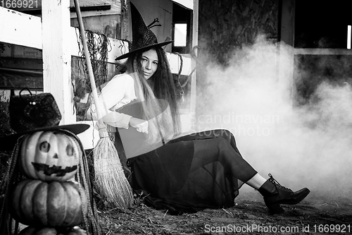 Image of In the foreground there is a figure of pumpkins with a malicious face, in the background a witch sits, black and white version