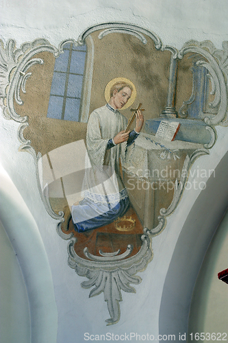 Image of Saint Aloysius, fresco painting on the ceiling of the church
