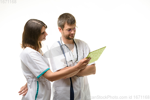 Image of Two doctors discussing test results isolated on white background