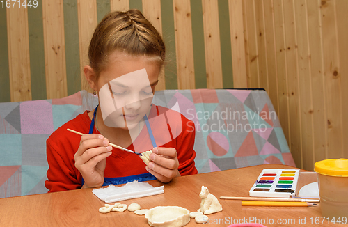 Image of A girl at home paints figures from salt dough