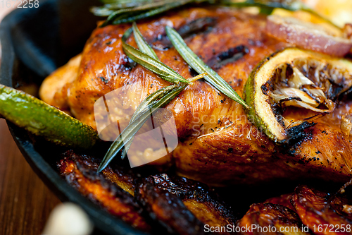 Image of roasted grilled BBQ chicken breast with herbs and spices 