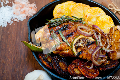 Image of roasted grilled BBQ chicken breast with herbs and spices 