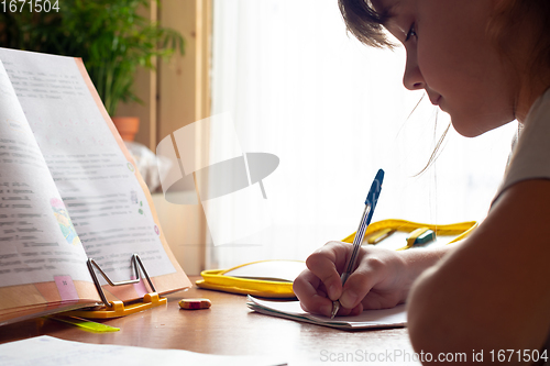 Image of Girl doing homework while sitting at a table near the window in natural light