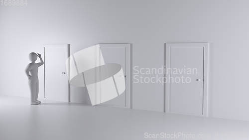 Image of One thinking person and three closed door.