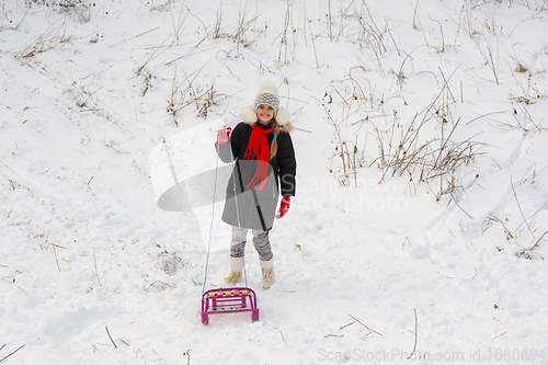 Image of A girl with a sled stands in a snowy meadow