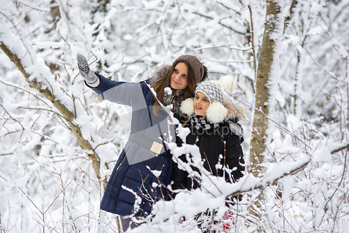 Image of A girl and her daughter are walking through the snowy forest, the girl shows something interesting