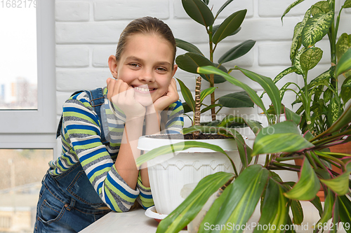 Image of A girl examines indoor flowers and turns and looks into the frame