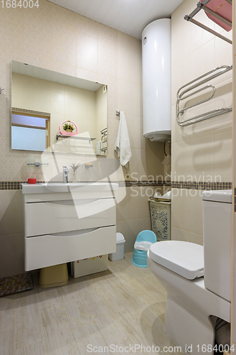 Image of The interior of a compact toilet room in an apartment