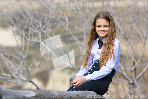 Image of A girl sits on a wooden fence and looks happily into the frame