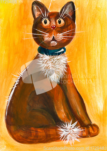 Image of Drawn with acrylic paints funny cat with big eyes on a yellow background
