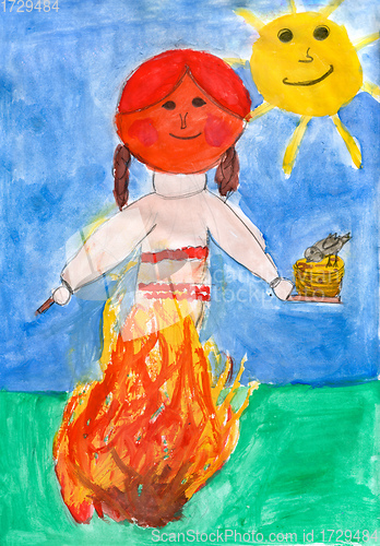Image of Children\'s drawing - burning a stuffed carnival at the celebration, in the hands of a stuffed plate with pancakes, in the background the sun