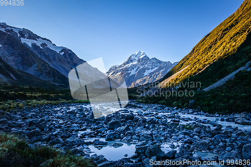 Image of Glacial river at sunset, Mount Cook, New Zealand