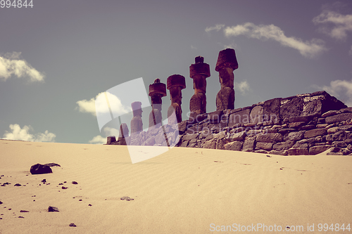 Image of Moais statues site ahu Nao Nao on anakena beach, easter island