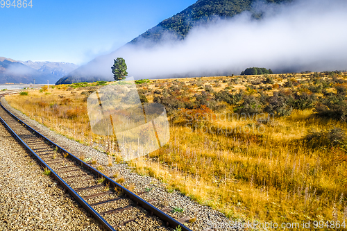 Image of Railway in Mountain fields landscape, New Zealand