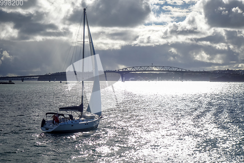 Image of Auckland bridge view from the sea and sailing ship, New Zealand