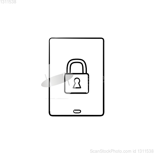 Image of Digital tablet with padlock hand drawn outline doodle icon.